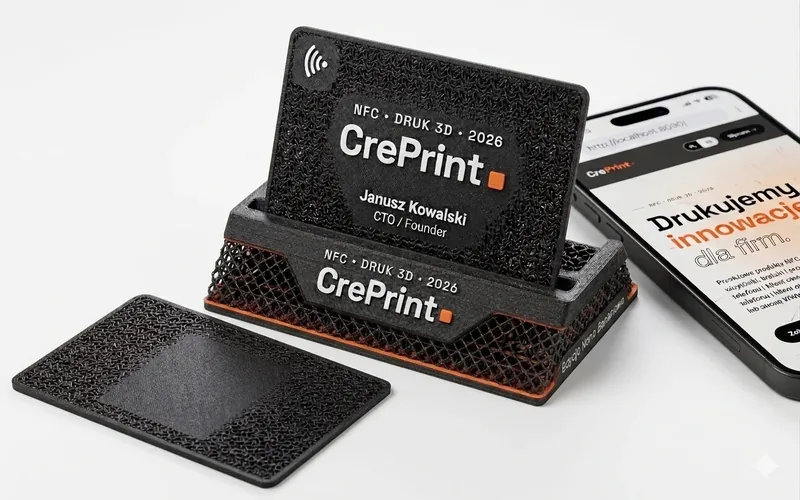 Wizytówka NFC z logo firmy obok telefonu — CrePrint